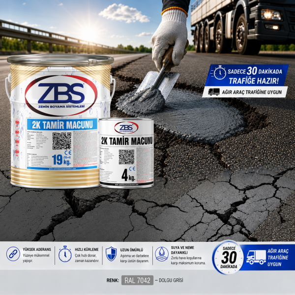 ZBS 2K ZEMİN TAMİR MACUNU - (Ağır yük trafiğine dayanıklı, hızlı kuruyan, zemin tamir ve dolgu macunu)