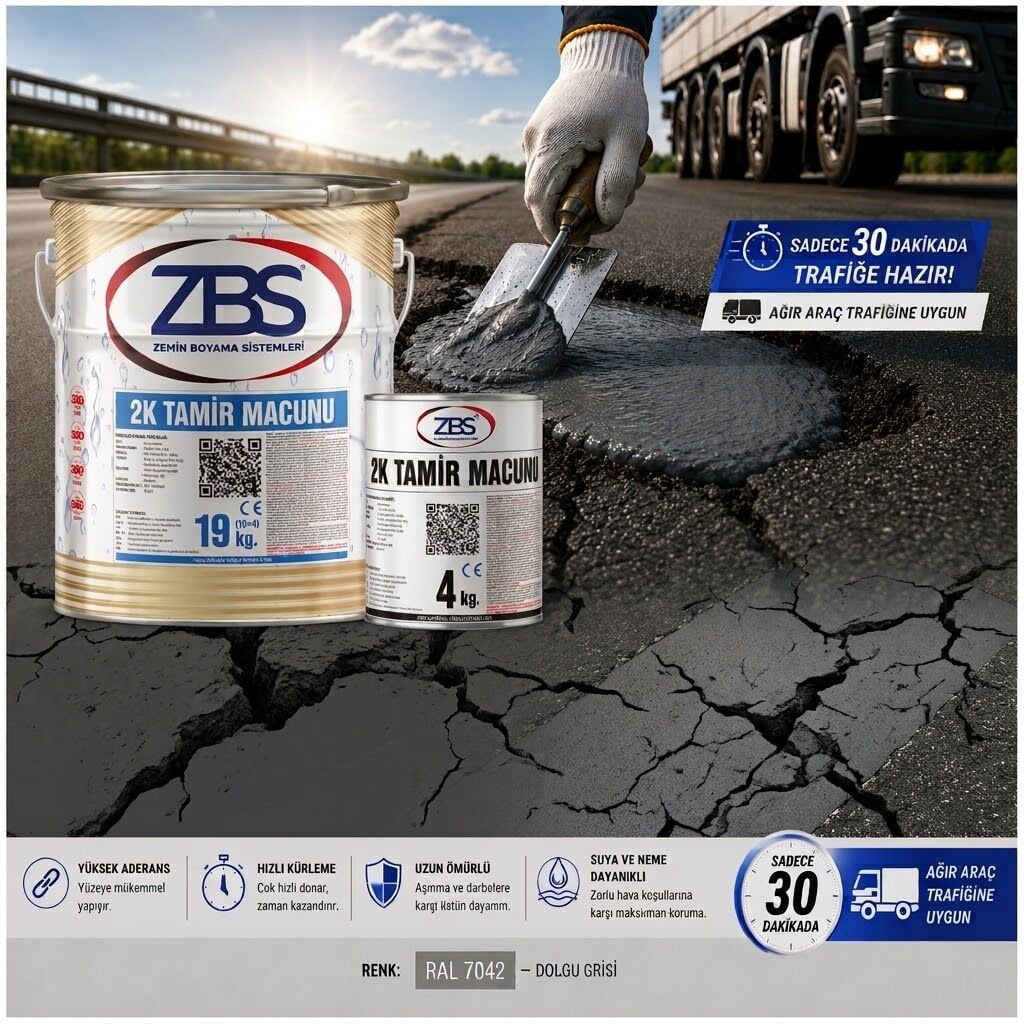 ZBS 2K ZEMİN TAMİR MACUNU - (Ağır yük trafiğine dayanıklı, hızlı kuruyan, zemin tamir ve dolgu macunu)