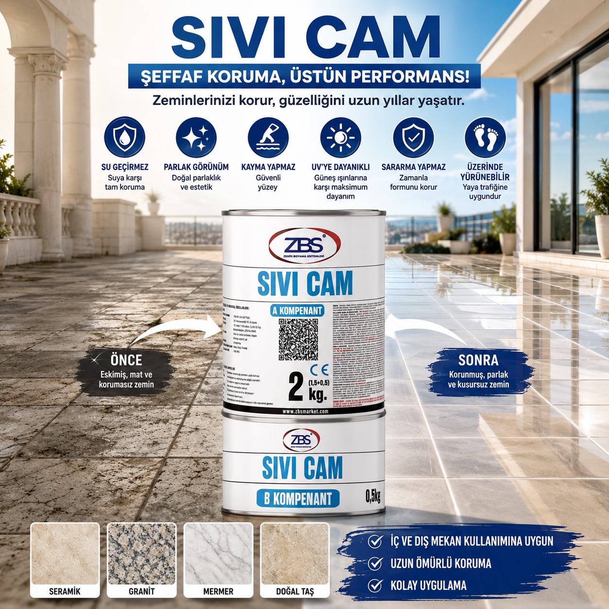 ZBS Sıvı Cam 2kg/tkm (Cam gibi saydam, taş gibi sağlam şeffaf su izolasyonu)
