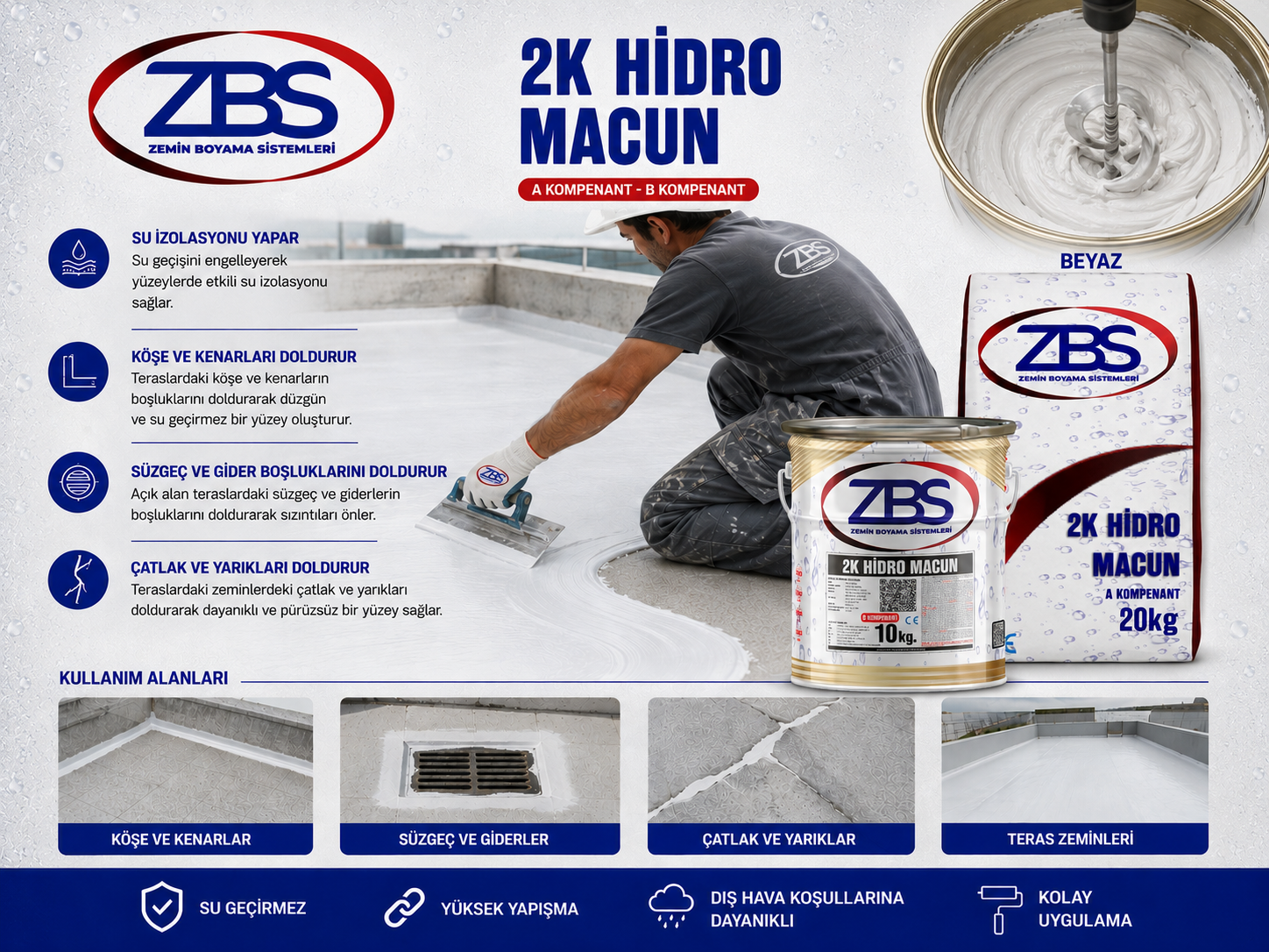 ZBS 2K Hidro Macun Su izolasyonu. Çok elastik. Maksimum UV dayanımı 30kg/tkm