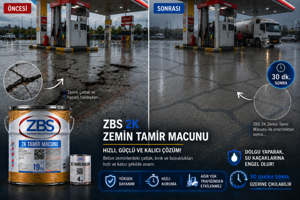 ZBS 2K ZEMİN TAMİR MACUNU -İNCE (Kendiliğinden yayılan, Ağır yük tamir macunu)