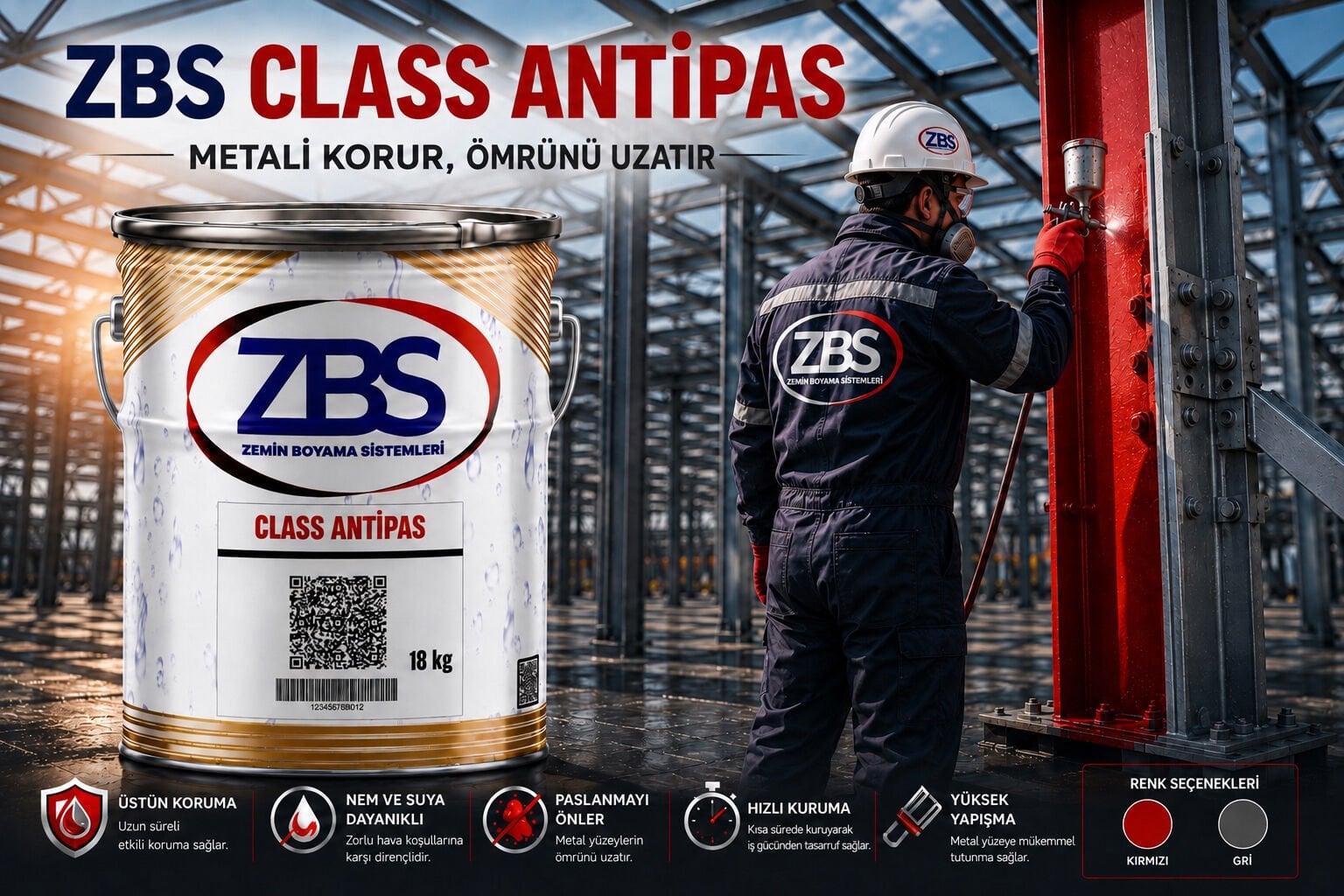 ZBS  ANTİPAS 18kg. (Hızlı kuruyan, Pas önleyici, Antikorozif metal astarı)