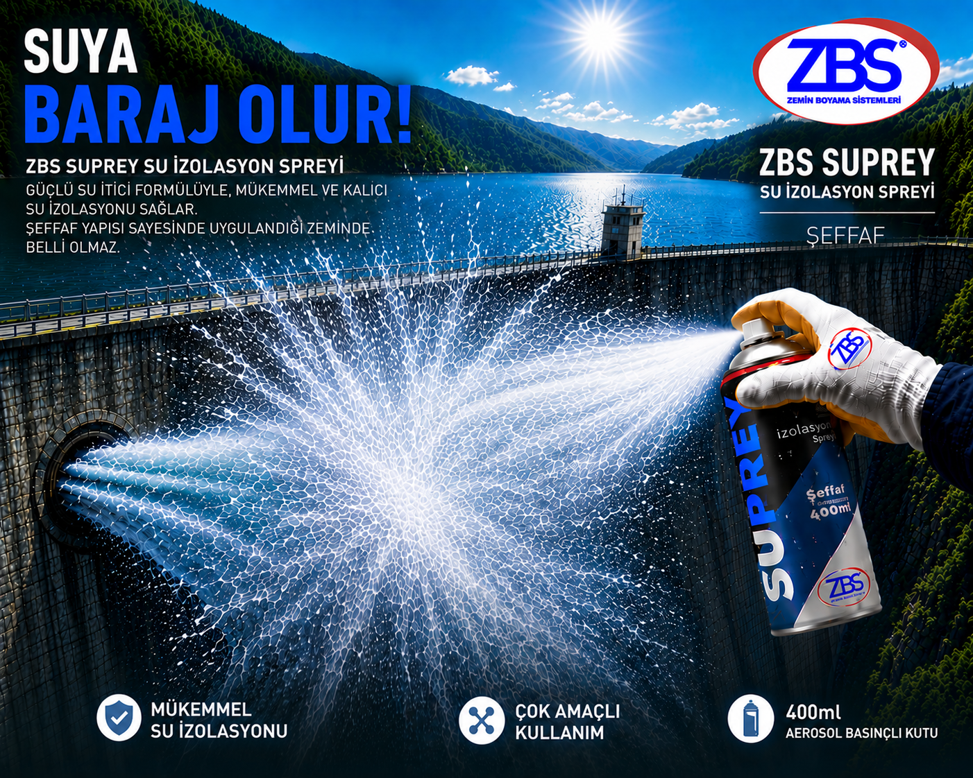 ZBS SUPREY SU İZOLASYON SPREYİ 400ml (Sprey rahatlığında, şeffaf, su izolasyonu uygulaması)