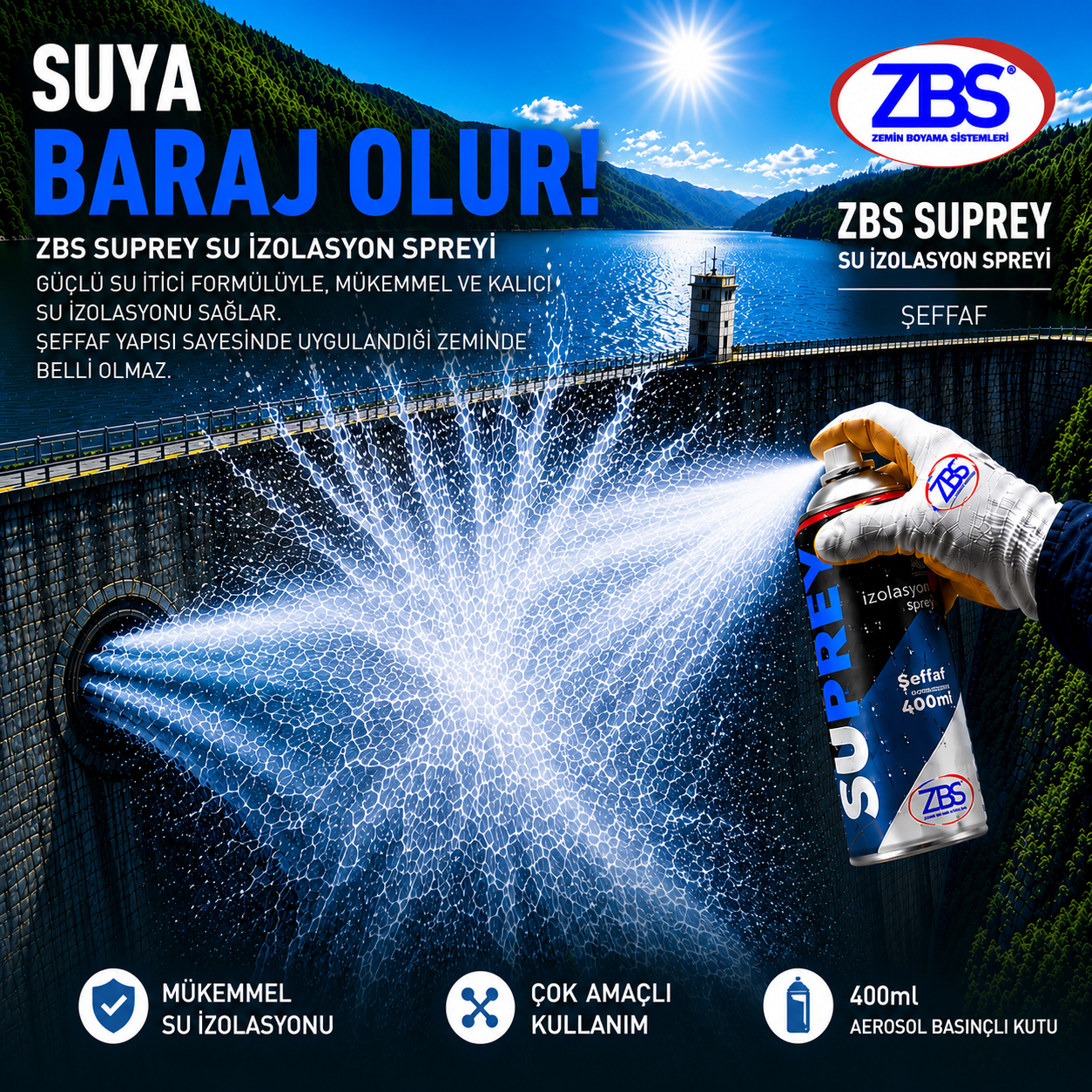 ZBS SUPREY SU İZOLASYON SPREYİ 400ml (Sprey rahatlığında, şeffaf, su izolasyonu uygulaması)